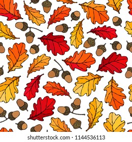 Seamless Endless Pattern of Oak Leaves and Acorns. Red, Orange and Yellow. Autumn or Fall Harvest Collection. Realistic Hand Drawn High Quality Vector Illustration. Doodle Style.