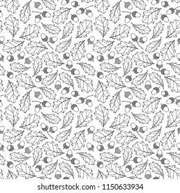 Seamless Endless Pattern of Oak Leaves and Acorns. Green and Yellow. Autumn or Fall Harvest Collection. Realistic Hand Drawn High Quality Vector Illustration. Doodle Style.