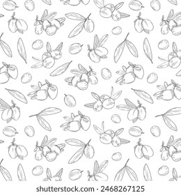 Seamless endless pattern of olives. Illustration in hand drawn style. Can be used to create packaging, covers, backgrounds, cards, textiles, clothing, souvenirs and much more.