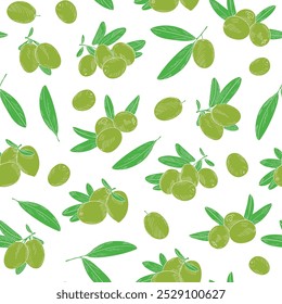 Seamless endless pattern of olives. Illustration in hand drawn style. Can be used to create packaging, covers, backgrounds, cards, textiles, clothing, souvenirs and much more.	
