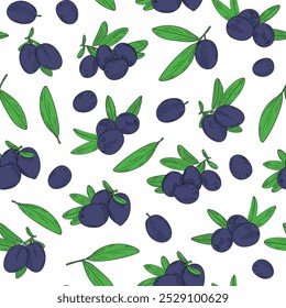 Padrão contínuo de azeitonas. Ilustração em estilo desenhado à mão. Pode ser usado para criar embalagens, capas, fundos, cartões, têxteis, roupas, lembranças e muito mais.	

