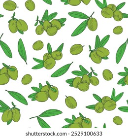 Seamless endless pattern of olives. Illustration in hand drawn style. Can be used to create packaging, covers, backgrounds, cards, textiles, clothing, souvenirs and much more.	
