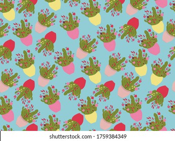 Seamless endless pattern. On a blue background, many bouquets of vases of pink, yellow and pink flowers. Bright, fresh, summer, rustic colors. Print for fabric, wallpaper, paper. Vector.