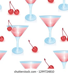 Seamless Endless Pattern on white background, pattern with Alcoholic cocktails and cherry, Can be used in food industry for wallpapers, posters, wrapping paper. Vector illustration