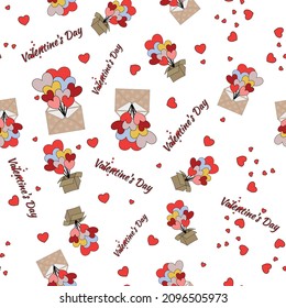 seamless, endless pattern. open cardboard envelopes and cardboard boxes with flying colorful balloons. vector illustration. holiday - Valentine's Day. Vector illustration. For wrapping paper and
