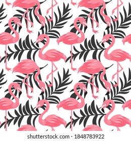 Patrón inagotable, interminable y hojas de palma sobre fondo blanco, ilustración tropical en formato vectorial