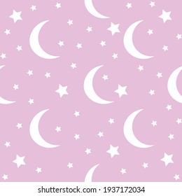 Seamless endless pattern. Pink sky with moon and stars. Stars on a delicate pink background. Cute wallpaper in the nursery. Festive background. Flat vector illustration