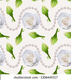 Patrón sin fin con impresión de bellas rosas y perlas realistas sobre fondo blanco. Se puede utilizar en la industria alimentaria para tapices, afiches, papel de envoltura, tarjetas de boda.