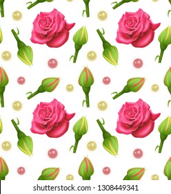 Seamless Endless Pattern with Print of beautiful roses and realistic pearls on white background. Can be used in food industry for wallpapers, posters, wrapping paper, wedding cards.