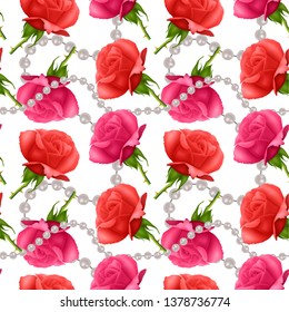 Seamless Endless Pattern with Print of beautiful roses and realistic pearls on white background. Can be used in food industry for wallpapers, posters, wrapping paper, wedding cards.