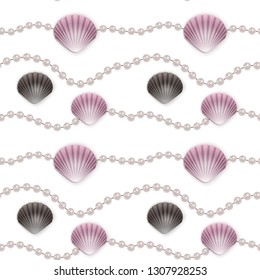 Seamless Endless Pattern with Print of colorful shells and pearls on white background. Can be used in food industry for wallpapers, posters, wrapping paper, wedding cards.