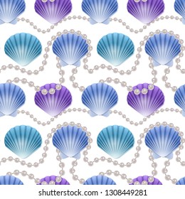 Seamless Endless Pattern with Print of colorful shells and pearls on white background. Can be used in food industry for wallpapers, posters, wrapping paper, wedding cards.