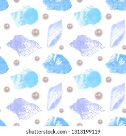 Seamless Endless Pattern with Print of colorful shells and pearls on white background. Can be used in food industry for wallpapers, posters, wrapping paper, wedding cards.