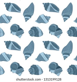 Seamless Endless Pattern with Print of colorful seashells in cartoon style on white background. Can be used in food industry for wallpapers, posters, wrapping paper, Vector illustration