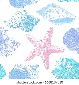 Seamless Endless Pattern with Print of colorful shells and pearls on white background. Can be used in food industry for wallpapers, posters, wrapping paper, wedding cards, Vector illustration