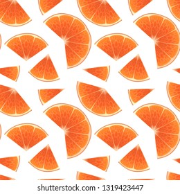 Seamless Endless Pattern with Print of Fresh orange slices, in cartoon style on white background. Can be used in food industry for wallpapers, posters, wrapping paper, Vector illustration