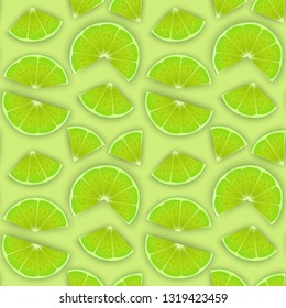 Seamless Endless Pattern with Print of Fresh lime slices, in cartoon style on Green background. Can be used in food industry for wallpapers, posters, wrapping paper, Vector illustration