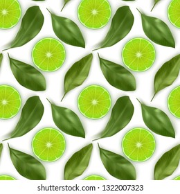 Seamless Endless Pattern with Print of Fresh Lime slices, lime and leaves in realistic style on white background. Can be used in food industry for wallpapers, posters. Vector illustration