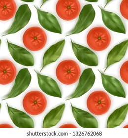 Seamless Endless Pattern with Print of Fresh oranges, orange and leaves in realistic style on white background. Can be used in food industry for wallpapers, posters. Vector illustration