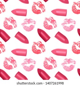 Seamless Endless Pattern with Print of lipstick and kiss print, Can be used in food industry for wallpapers, wrapping paper, wedding cards. Vector EPS 10 illustration