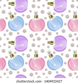 Seamless Endless Pattern with Print of perfume bottles and pearls in cartoon style Can be used in food industry for wallpapers, wrapping paper, wedding cards. Vector EPS 10