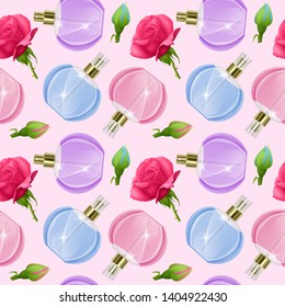 Seamless Endless Pattern with Print of perfume bottles and roses in cartoon style Can be used in food industry for wallpapers, wrapping paper, wedding cards. Vector EPS 10