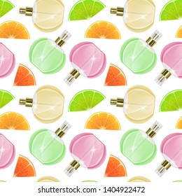 Seamless Endless Pattern with Print of perfume bottles and citrus fruit slices in cartoon style Can be used in food industry for wallpapers, wrapping paper, wedding cards. Vector EPS 10 illustration