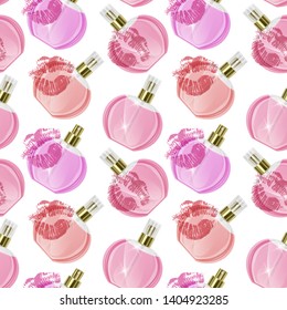 Seamless Endless Pattern with Print of perfume bottles and kiss prints in cartoon style Can be used in food industry for wallpapers, wrapping paper, wedding cards. Vector EPS 10 illustration