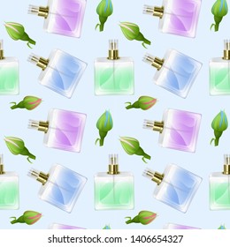 Seamless Endless Pattern with Print of perfume bottles and roses in cartoon style Can be used in food industry for wallpapers, wrapping paper, wedding cards. Vector EPS 10