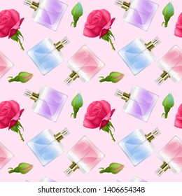 Seamless Endless Pattern with Print of perfume bottles and roses in cartoon style Can be used in food industry for wallpapers, wrapping paper, wedding cards. Vector EPS 10