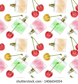 Seamless Endless Pattern with Print of perfume bottles and cherries in cartoon style Can be used in food industry for wallpapers, wrapping paper, wedding cards. Vector EPS 10 illustration