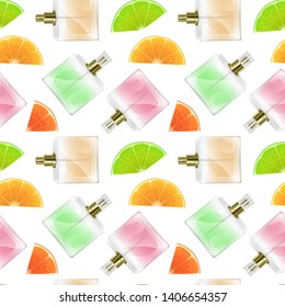 Seamless Endless Pattern with Print of perfume bottles and citrus fruit slices in cartoon style Can be used in food industry for wallpapers, wrapping paper, wedding cards. Vector EPS 10 illustration