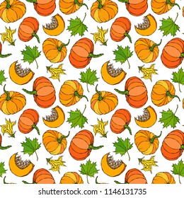 Seamless Endless Pattern of Pumpkin and Maple Leaves. Orange Pumpkins, Flower, Seeds. Autumn or Fall Vegetable Harvest Collection. Realistic Hand Drawn High Quality Vector Illustration. Doodle Style.