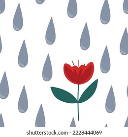 seamless, endless pattern of red flower and raindrops