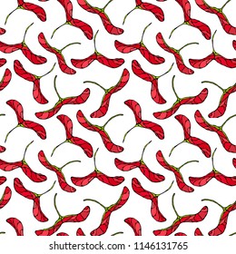 Seamless Endless Pattern of Red Maple Seeds. Autumn or Fall Vegetable Harvest Collection. Realistic Hand Drawn High Quality Vector Illustration. Doodle Style.