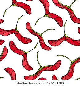 Seamless Endless Pattern of Red Maple Seeds. Autumn or Fall Vegetable Harvest Collection. Realistic Hand Drawn High Quality Vector Illustration. Doodle Style.