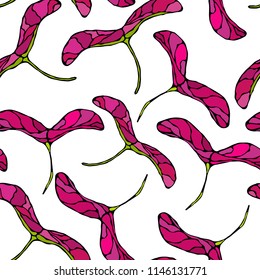 Seamless Endless Pattern of Red or Purple Maple Seeds. Autumn or Fall Vegetable Harvest Collection. Realistic Hand Drawn High Quality Vector Illustration. Doodle Style.