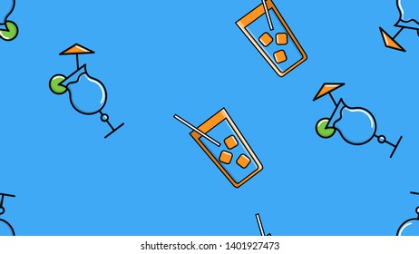 Seamless endless pattern of repeating glasses with tasty alcoholic cocktails drinks for parties on a blue background. Vector illustration