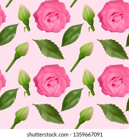 Seamless, endless pattern with roses and leaves, bright pink roses and green leaves on seamless background, design for your packing