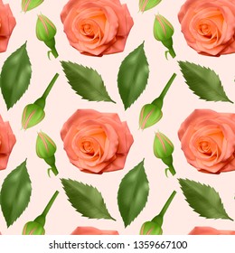 Seamless, endless pattern with roses and leaves, bright Orange roses and green leaves on seamless background, design for your packing. Vector illustration