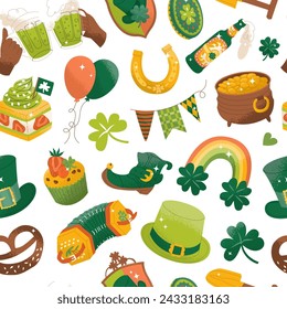 Seamless endless pattern for St. Patrick's Day. Irish traditional holiday. Treasure hunt and party at the bar. Vector illustration on a transparent background.