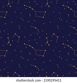 Seamless Endless Pattern with stars, constellations, zodiac. Night sky, space wallpaper. For prints, for fabrics, background.