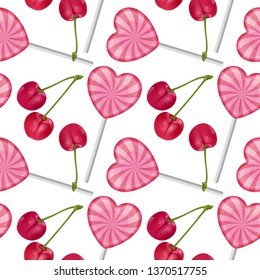 Seamless, endless pattern with sweet realistic colorful lollipops in shape of hearts and red cherry. Seamless background, design for your packing for sweets. Vector EPS 10 illustration