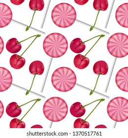 Seamless, endless pattern with sweet realistic colorful lollipops of round shape and red cherry. Seamless background, design for your packing for sweets. Vector EPS 10 illustration