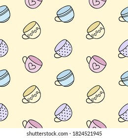 Seamless endless pattern with tea mugs. The Cup's Doodle is hand-drawn on a yellow background.Pattern for textiles, printing, clothing, packaging paper. Background and Wallpaper for the site.