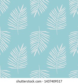 Seamless endless pattern of white palm branch on blue background.