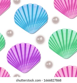 Seamless, endless pearls chains, colorful pattern with seashells, mariner background, sea underwater life. ocean nature illustration, vector eps 10 format