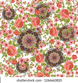 Seamless endless pink roses pattern with geometric mandala design. Traditional geometric shapes on white background 