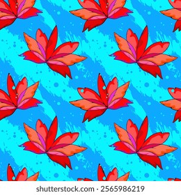 Seamless and endless for print and banner. Blue background and red bright flowers.