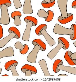 Seamless Endless Red or Orange Aspen Mushrooms Pattern. Autumn or Fall Harvest Collection. Realistic Hand Drawn High Quality Vector Illustration. Doodle Style.